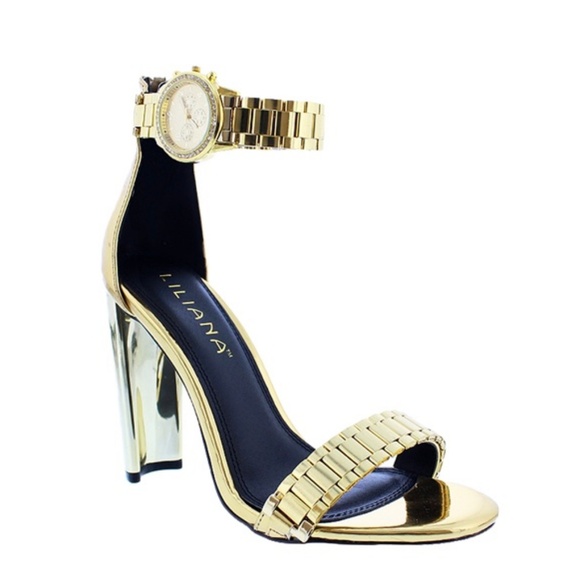 Shotclock Gold Metallic Watch Ankle Strap Heels - Picture 2 of 4